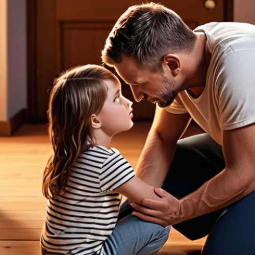 Home 15 **
A parent kneeling to meet their child's eye level, engaging in a warm, empathetic conversation. The scene should convey understanding and connection, with soft, comforting lighting.
**