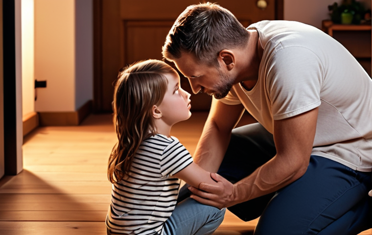 **

A parent kneeling to meet their child's eye level, engaging in a warm, empathetic conversation. The scene should convey understanding and connection, with soft, comforting lighting.

**