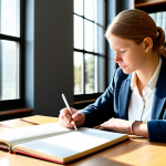 A professional female child psychologist, fully clothed in a modest business suit, thoughtfully reviewing case notes at a clean wooden desk in a bright, modern university library. Sunlight streams through a large window, illuminating an open textbook and a laptop. The atmosphere is calm and academic, emphasizing dedication to continuous learning. safe for work, appropriate content, fully clothed, professional, perfect anatomy, correct proportions, natural pose, well-formed hands, proper finger count, natural body proportions, professional photography, high quality.