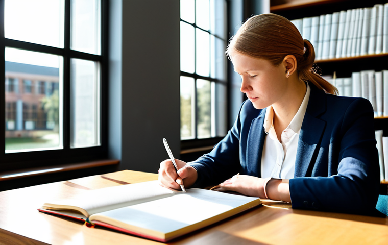 A professional female child psychologist, fully clothed in a modest business suit, thoughtfully reviewing case notes at a clean wooden desk in a bright, modern university library. Sunlight streams through a large window, illuminating an open textbook and a laptop. The atmosphere is calm and academic, emphasizing dedication to continuous learning. safe for work, appropriate content, fully clothed, professional, perfect anatomy, correct proportions, natural pose, well-formed hands, proper finger count, natural body proportions, professional photography, high quality.